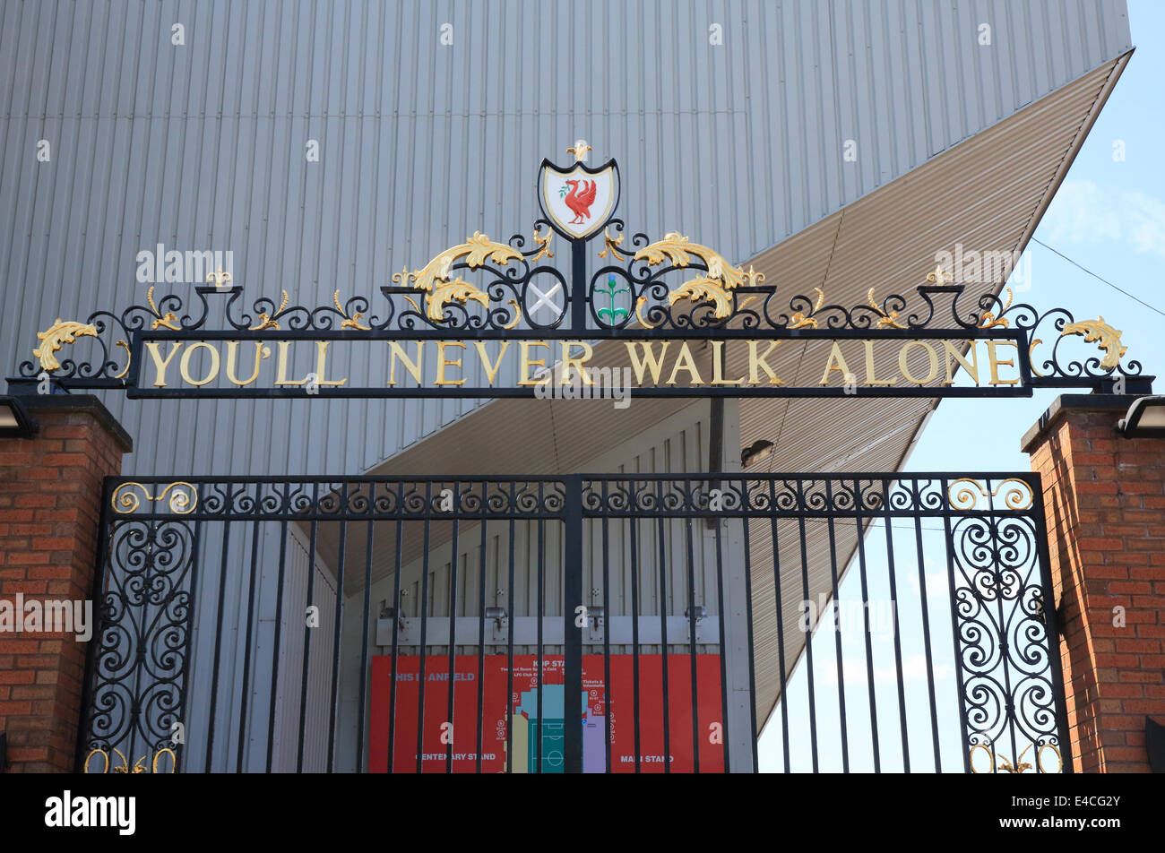 The famous wrought iron Bill Shankly gates at Liverpool Football Club ground on the Anfield Road. Stock Photo