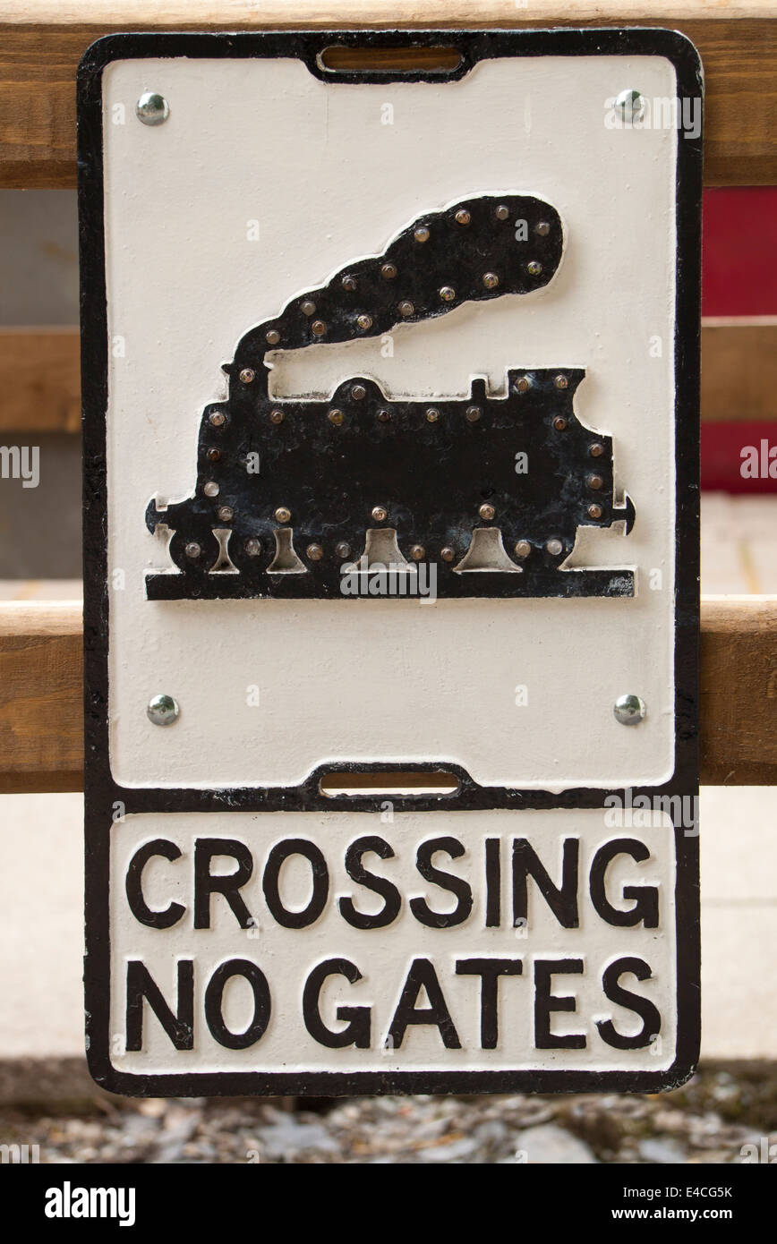 Level crossing "no gates" sign at BetwsyCoed station, North Wales, UK