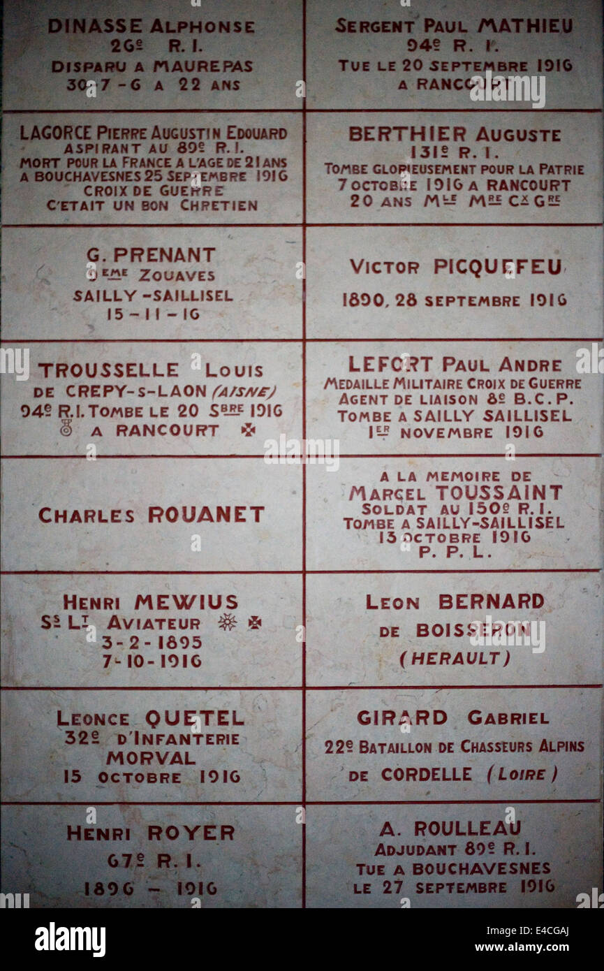 Wall engravings with the names of the dead at the Chapel of Remembrance (Chapelle des Souvenirs ) in Rancourt, Picardy Stock Photo