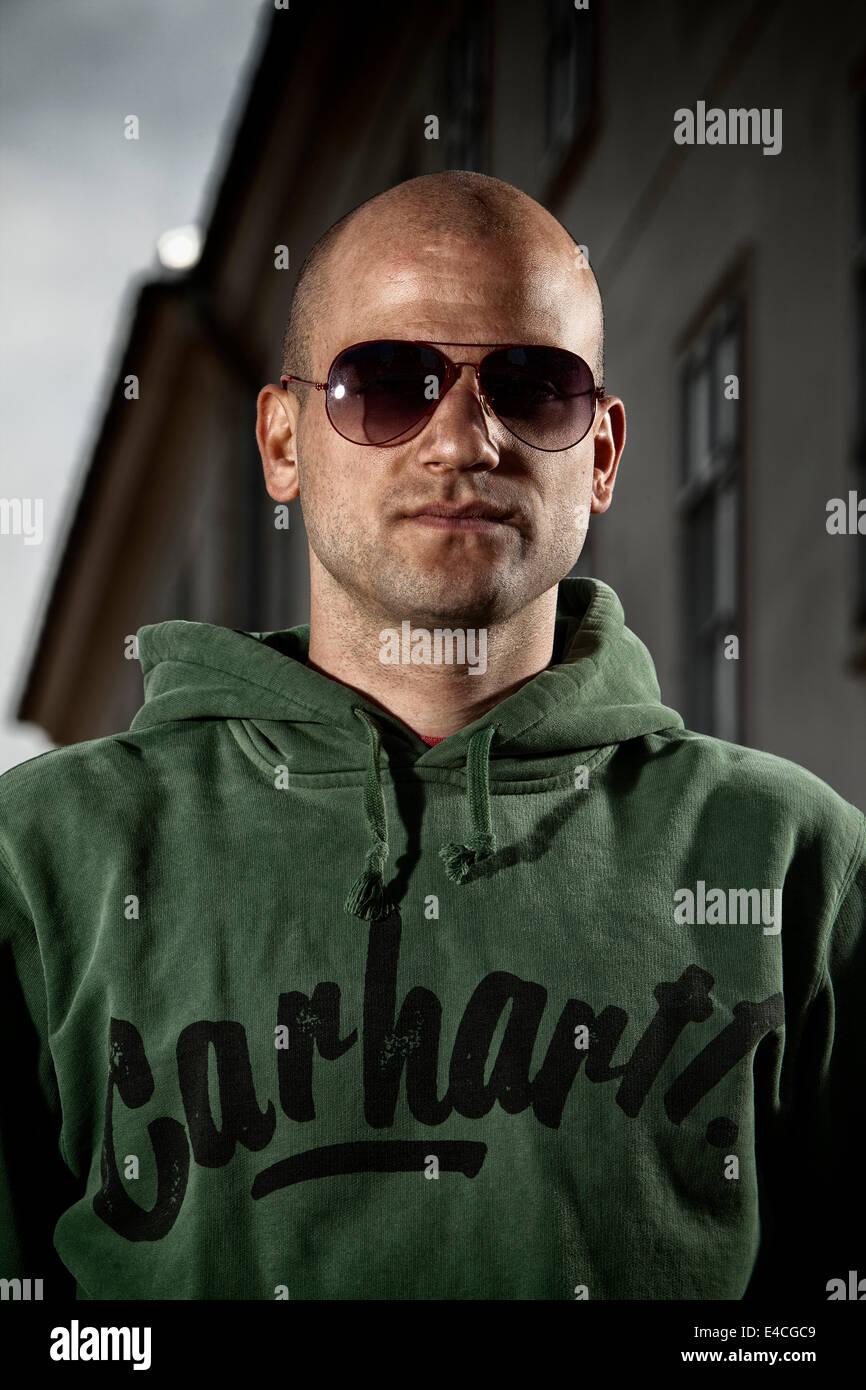 Portrait of bald man with sunglasses Stock Photo - Alamy