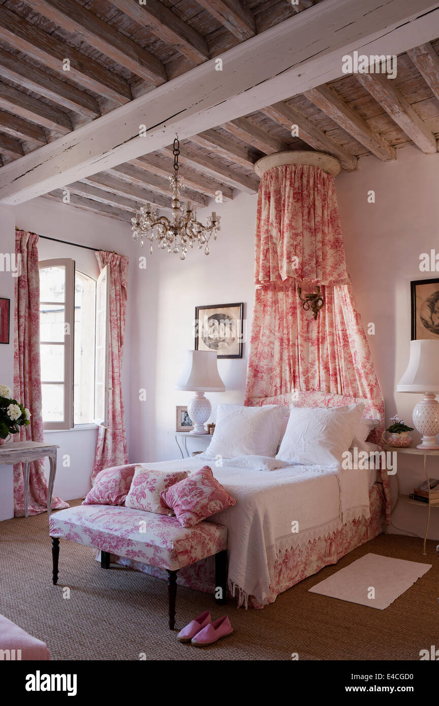 Pink And White Toile De Jouy Fabric On Cushions Curtain And