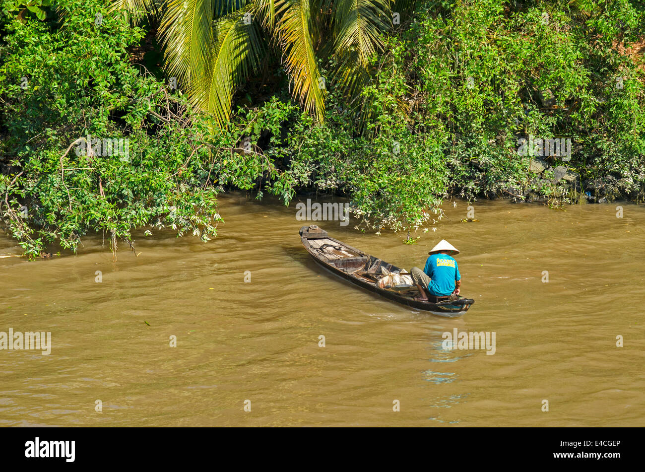 Fisherman in boat on river, Mekong Delta, Vietnam Stock Photo - Alamy