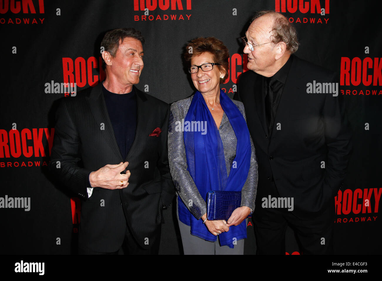 (L-R) Actor Sylvester Stallone, Janine Van Den Ende and producer Joop Van Den Ende attend the 'Rocky' Broadway opening night. Stock Photo