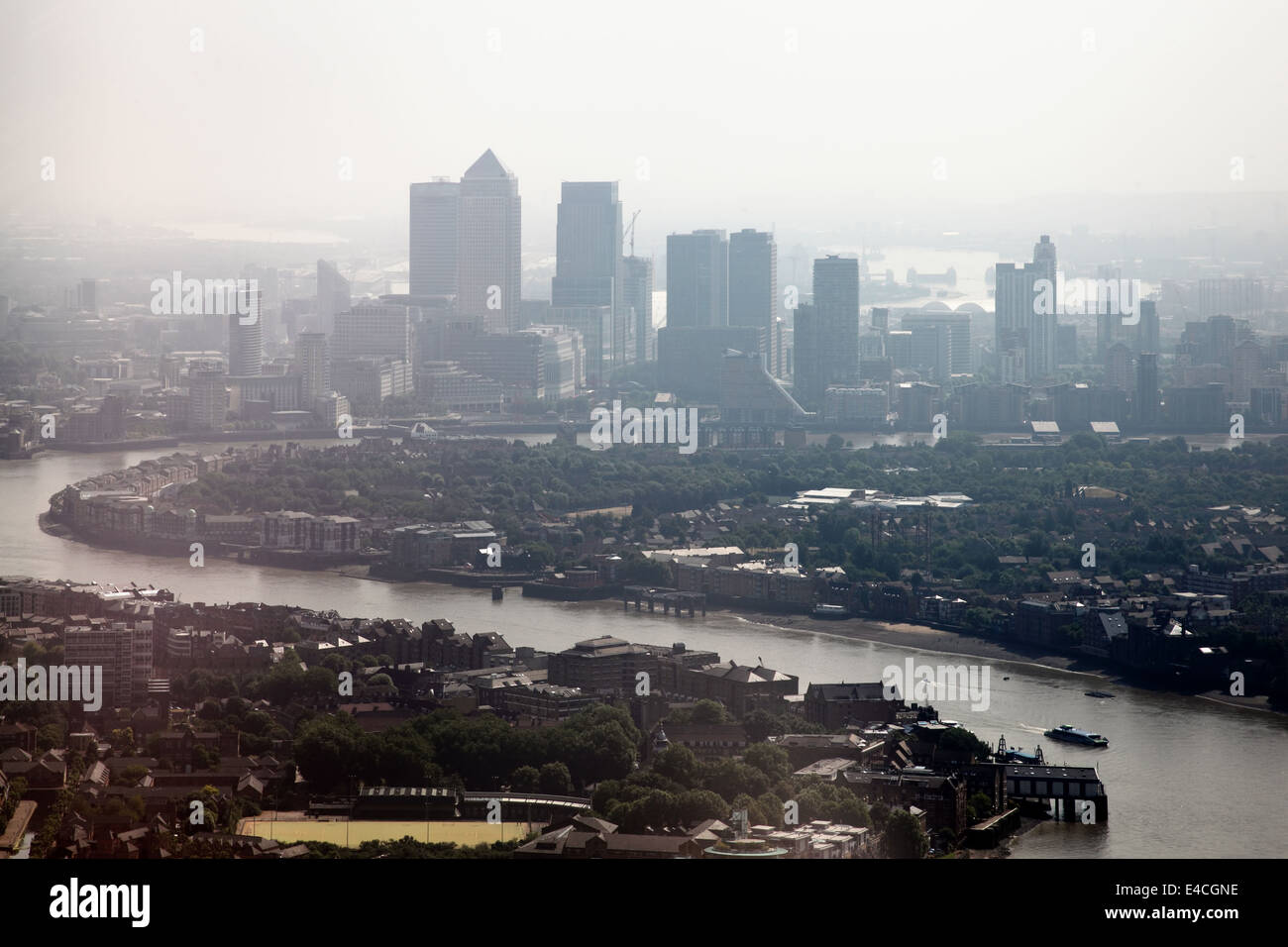 Aerial cityscape of the River Thames and the skyscrapers of Canary ...