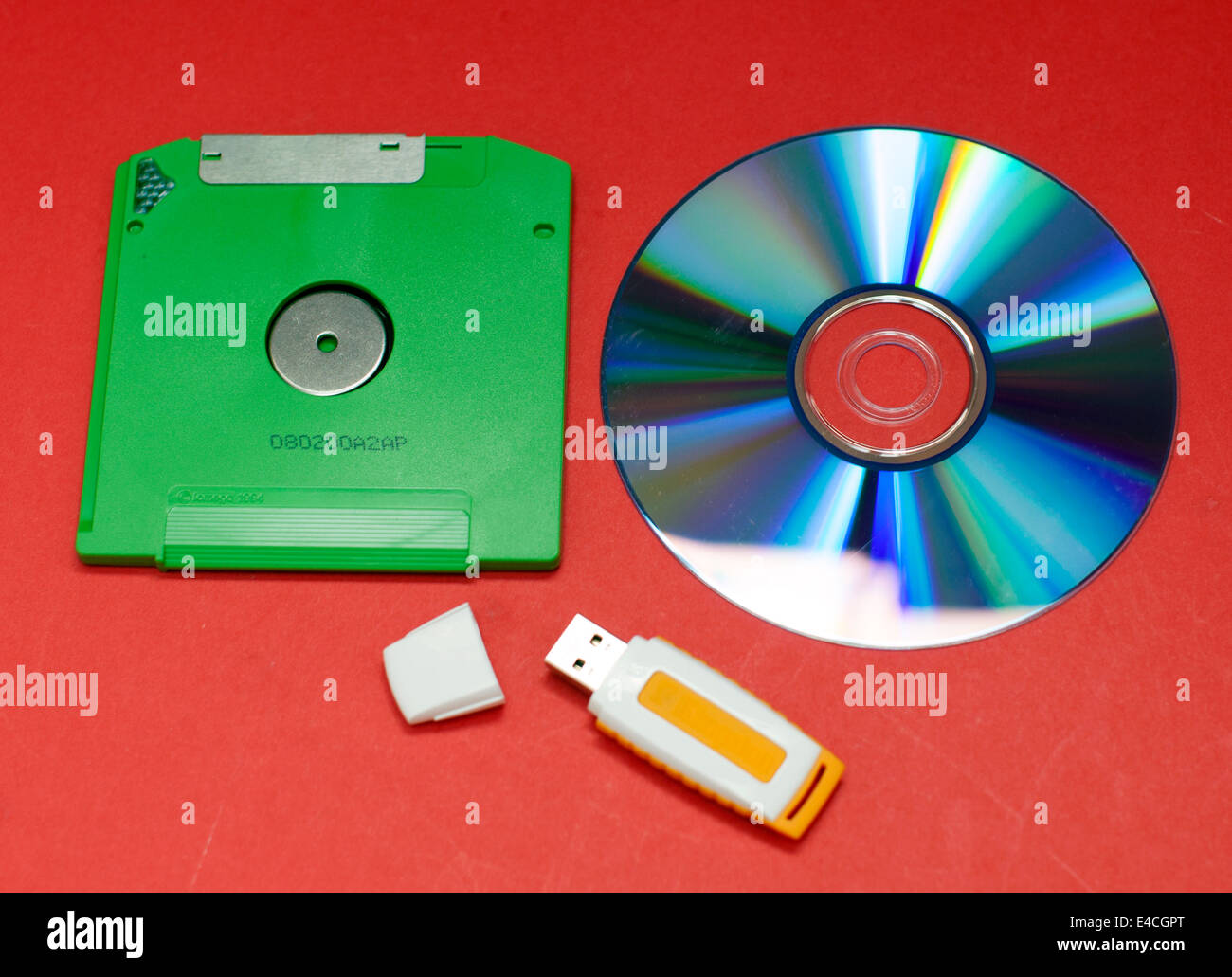 3 generations of data storage: floppy disk, DVD and USB stick Stock Photo