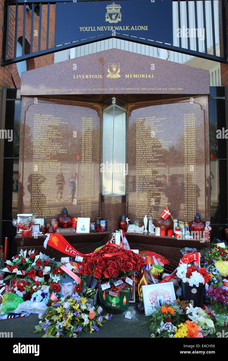 The Hillsborough Memorial at Anfield football stadium, commemorating those that died in the tragedy of 1989, Liverpool, UK Stock Photo