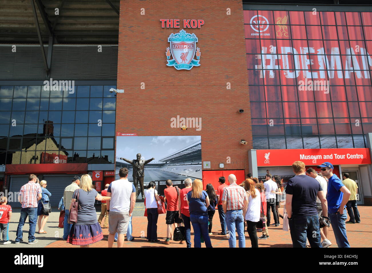 The Bill Shankly statue in front of the Kop, at Anfield, Liverpool Football Stadium, at the start of the stadium tours. Stock Photo