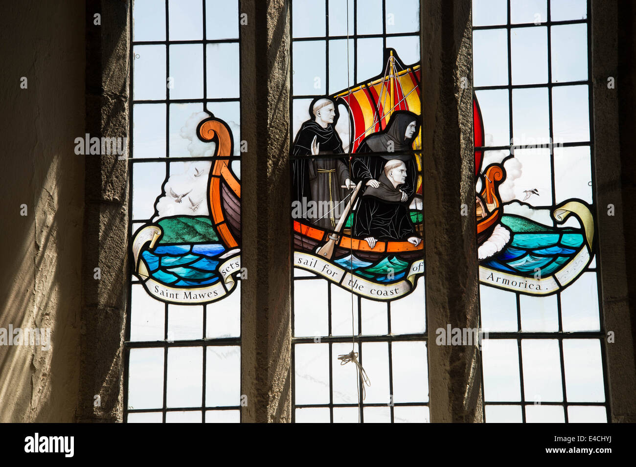 Cornwall. Roseland Peninsular. St Mawes church. Stained glass windows