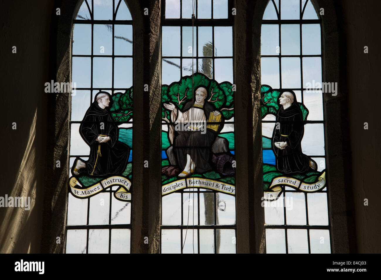 Cornwall. Roseland Peninsular. St Mawes church. Stained glass windows