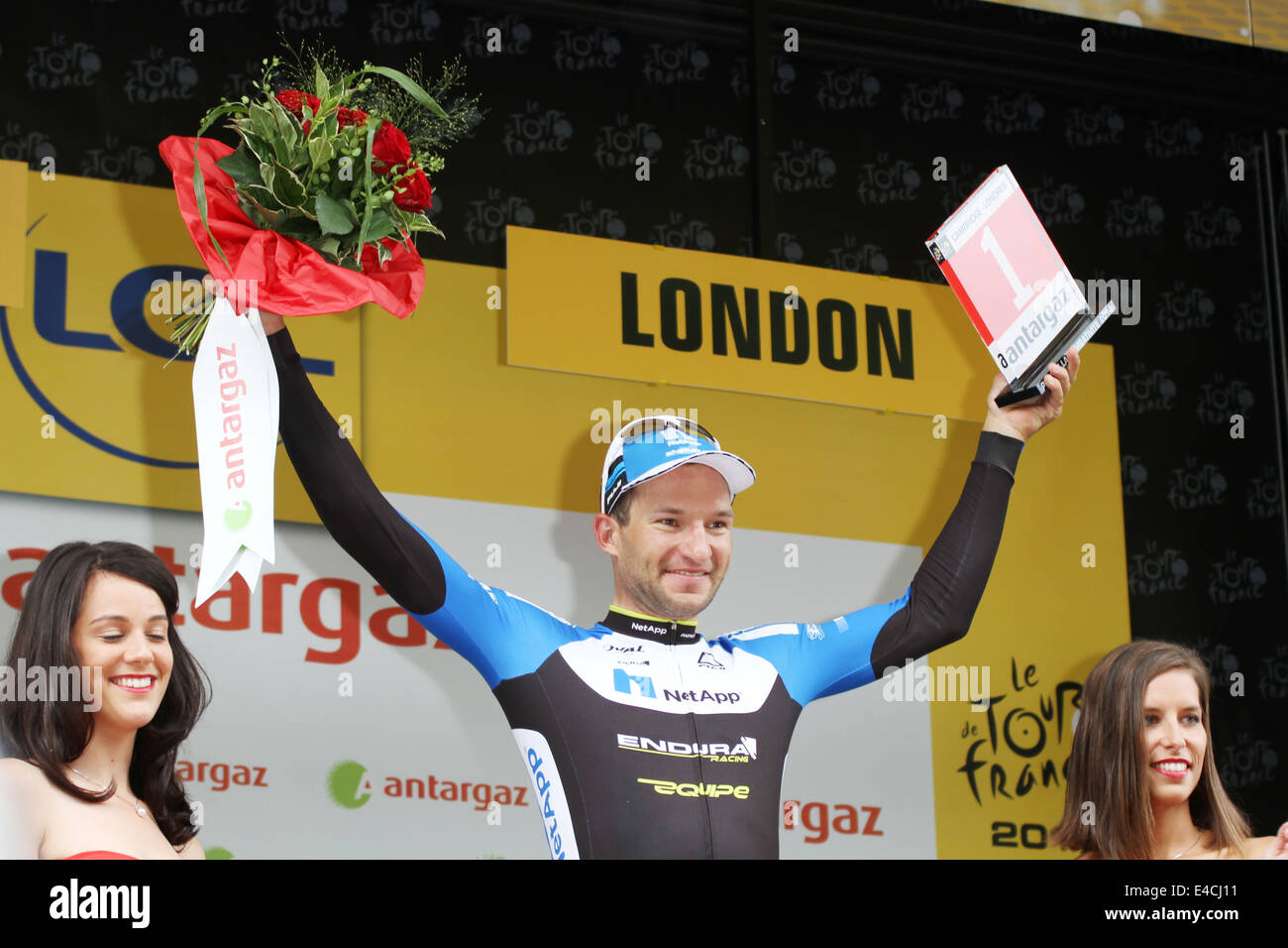 Jan Barta (Czech) was awarded the Antargaz prize of the most aggressive rider of the day in Stage three of 2014 Tour De France Stock Photo