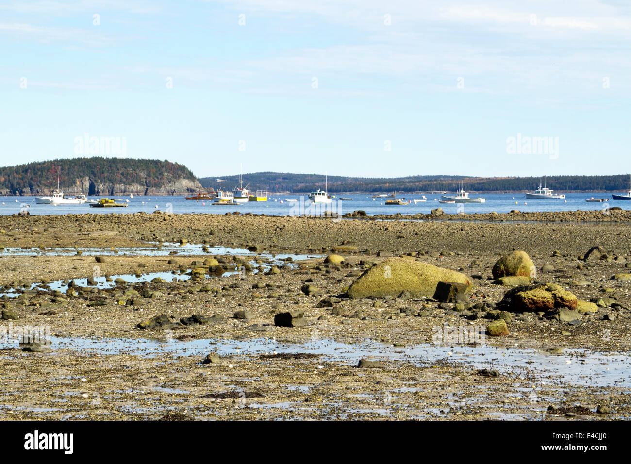 Lobster boats and pallets seen from across Bar Harbor sandbar at low