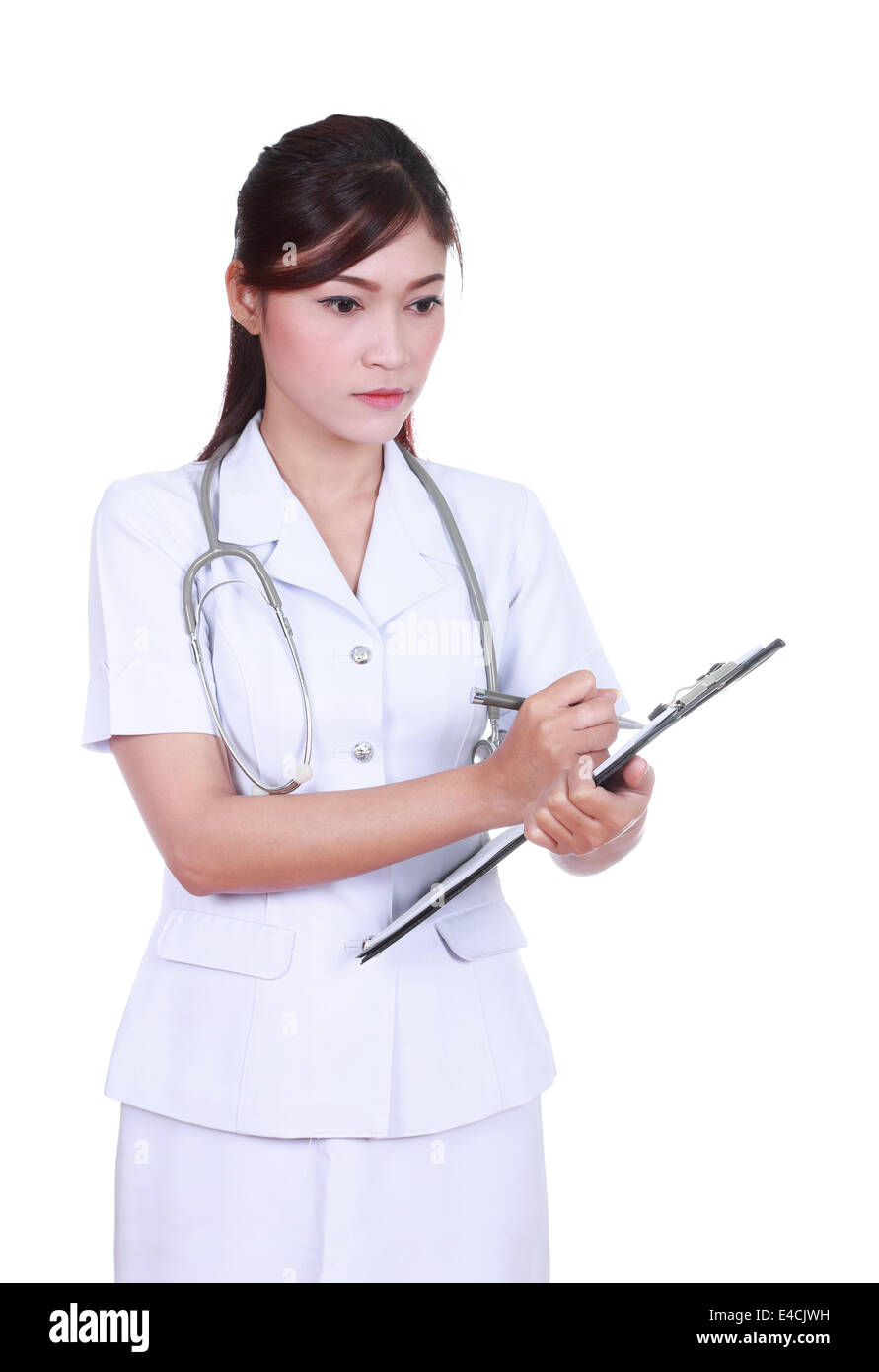 female nurse writing medical report isolated on white background Stock Photo