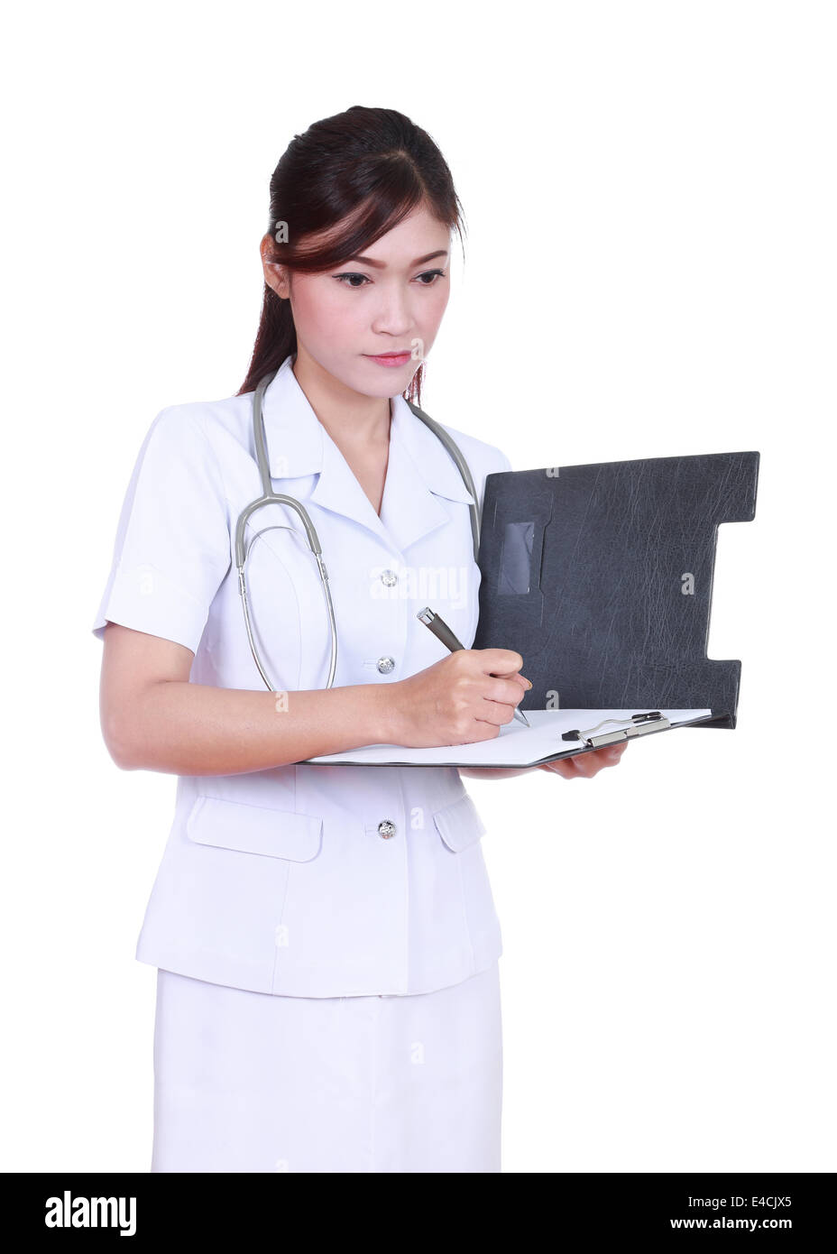 female nurse writing medical report isolated on white background Stock Photo