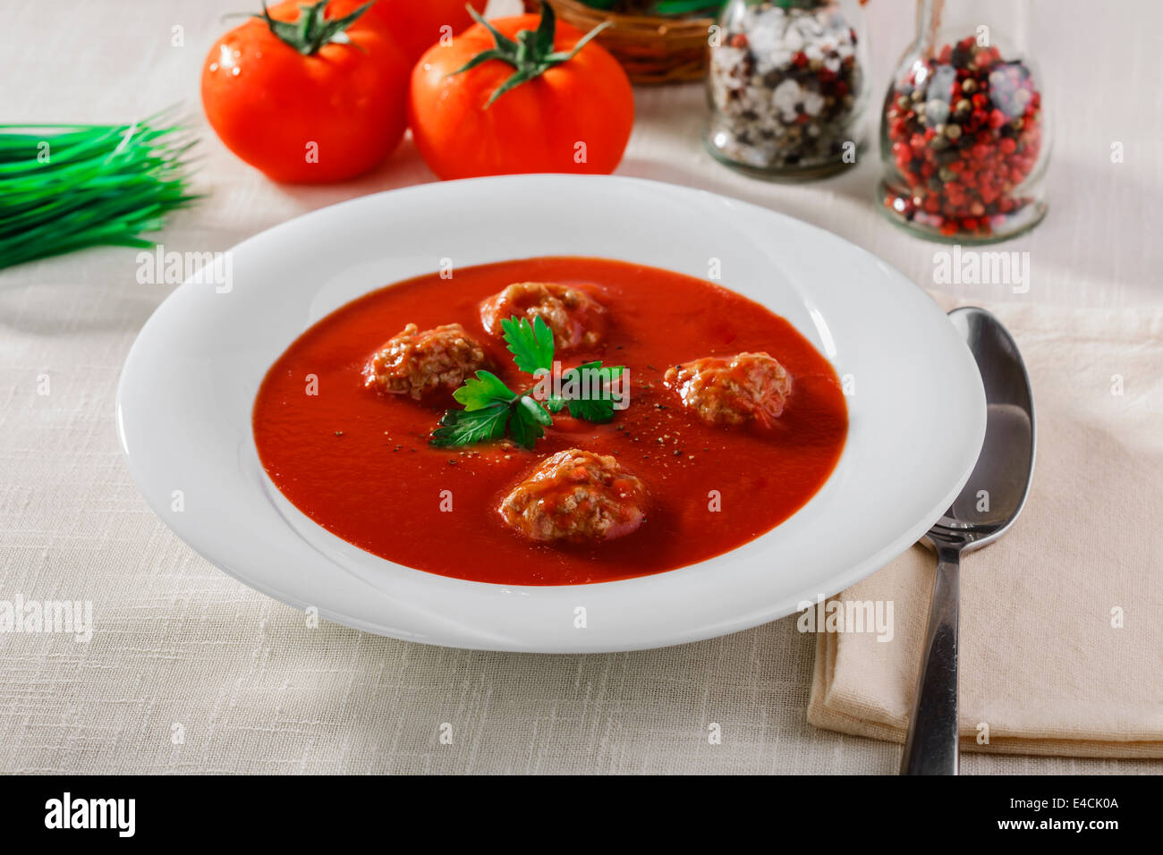 tomato soup with meatballs Stock Photo