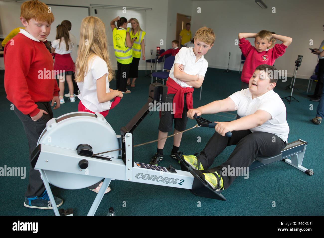 Children from Yeadon Westfield Primary School taking part in activities supported by sports scientists working with athletes. Stock Photo