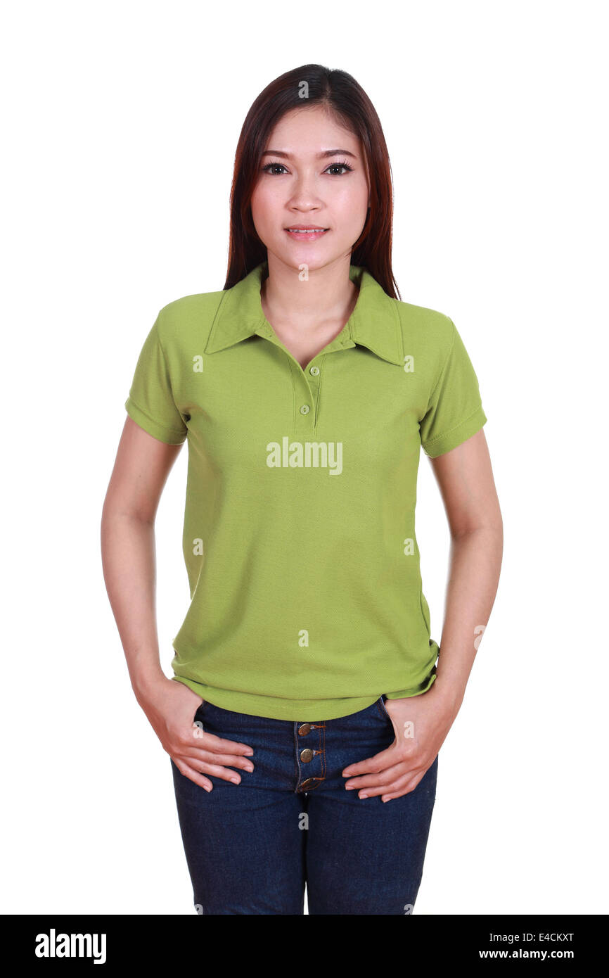 young beautiful female with blank green polo shirt isolated on white background Stock Photo