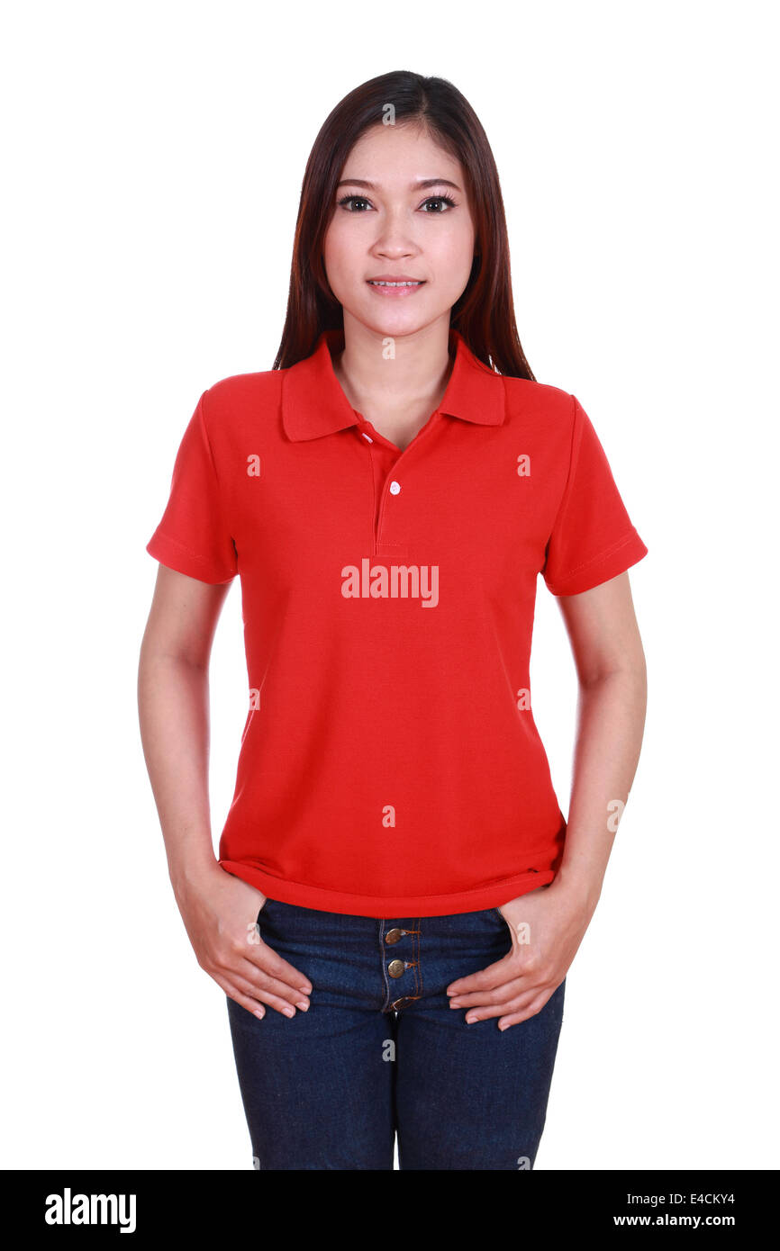 young beautiful female with blank red polo shirt isolated on white background Stock Photo