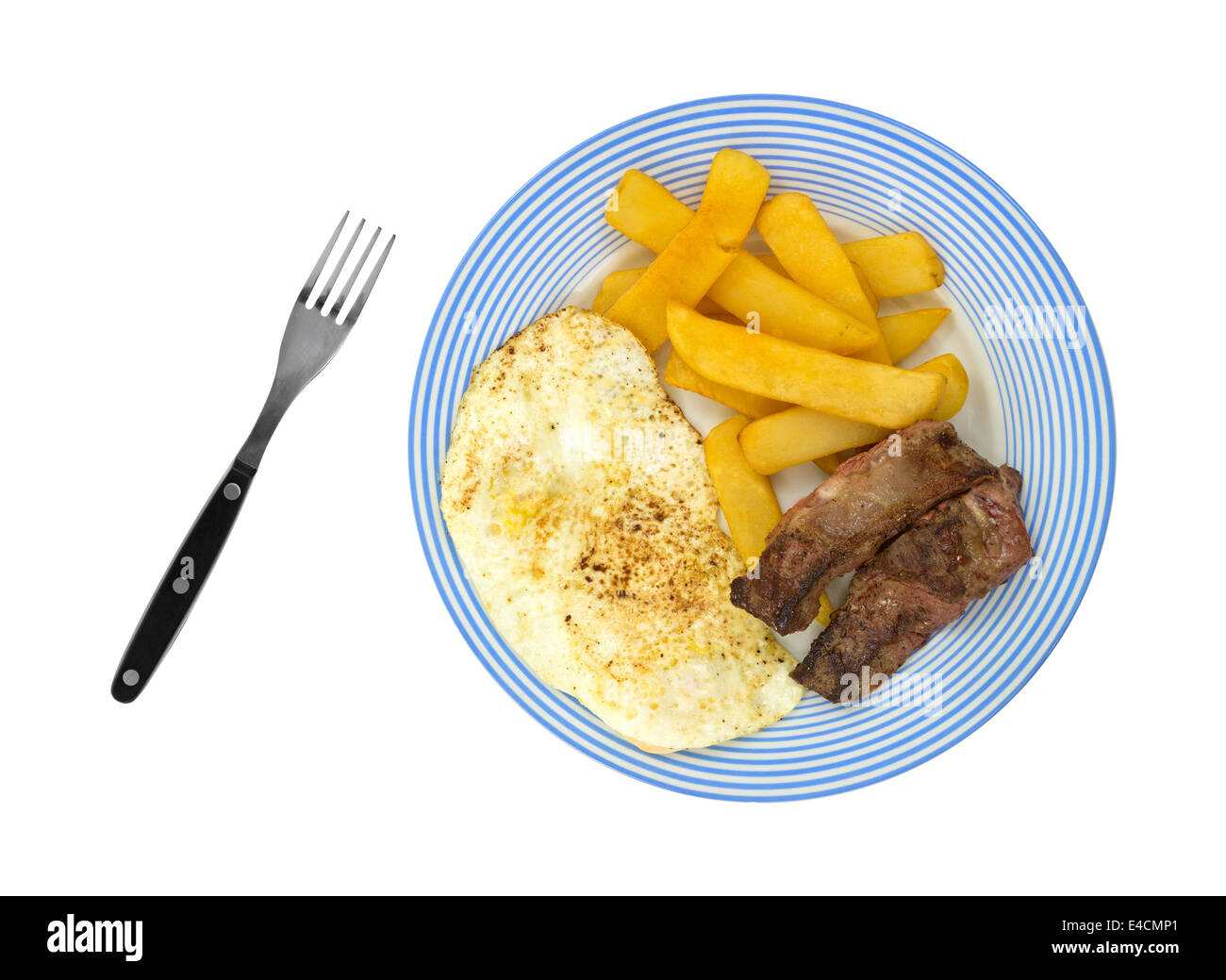 A hearty breakfast of strip steak, potatoes and eggs on a blue striped plate with black handled fork to the side. Stock Photo
