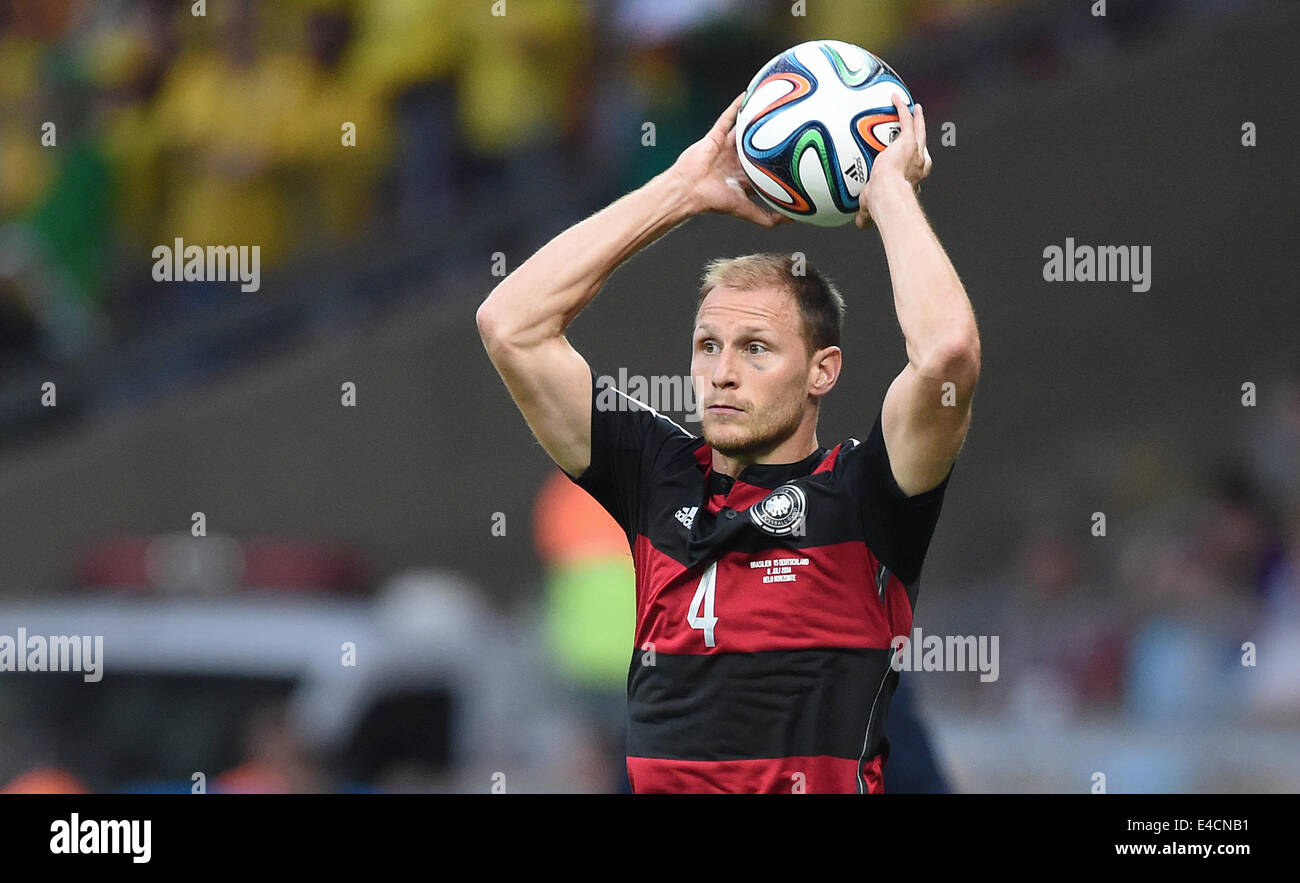 Belo Horizonte, Brazil. 08th July, 2014. Germany's Benedikt Hoewedes throws in during the FIFA World Cup 2014 semi-final soccer match between Brazil and Germany at Estadio Mineirao in Belo Horizonte, Brazil, 08 July 2014. Photo: Marcus Brandt/dpa/Alamy Live News Stock Photo