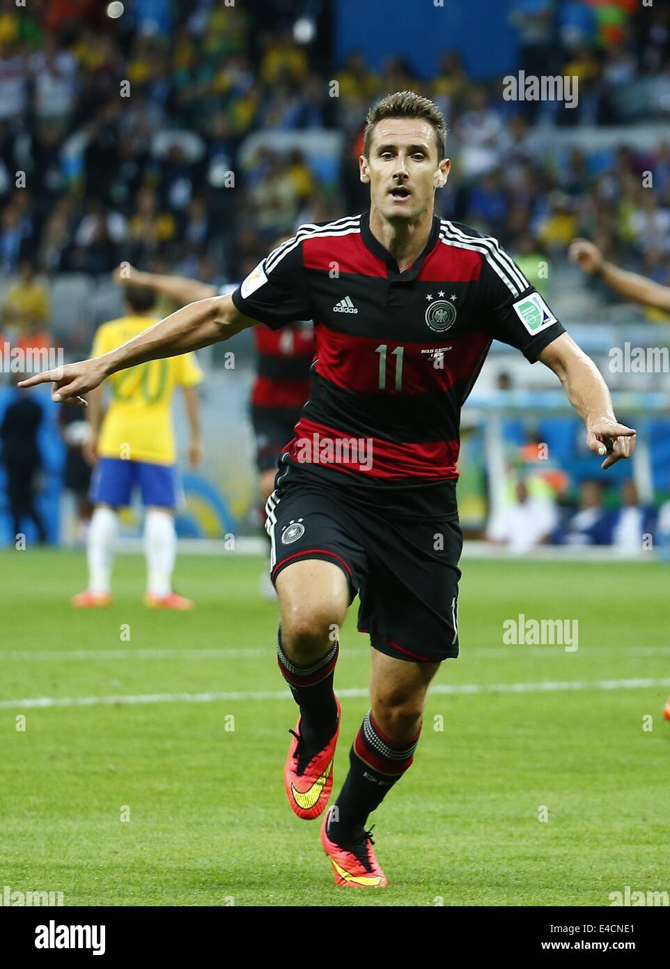 Belo Horizonte, Brazil. 8th July, 2014. Germany's Miroslav Klose celebrates a goal during a semifinal match between Brazil and Germany of 2014 FIFA World Cup at the Estadio Mineirao Stadium in Belo Horizonte, Brazil, on July 8, 2014. Credit:  Chen Jianli/Xinhua/Alamy Live News Stock Photo
