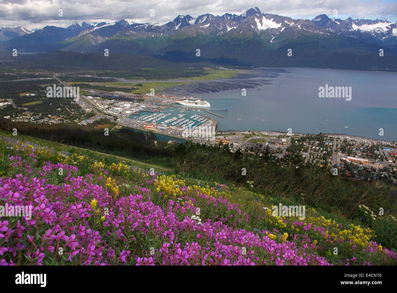 Resurrection Bay and city of Seward from Mt Marathon, Seward, Alaska. Stock Photo