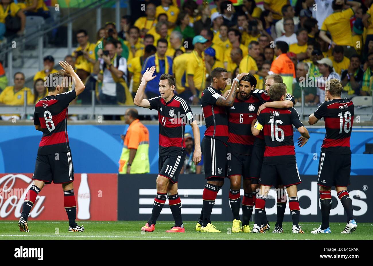 Belo Horizonte, Brazil. 8th July, 2014. Brazil's Miroslav Klose (2nd L) celebrates a goal during a semifinal match between Brazil and Germany of 2014 FIFA World Cup at the Estadio Mineirao Stadium in Belo Horizonte, Brazil, on July 8, 2014. Credit:  Chen Jianli/Xinhua/Alamy Live News Stock Photo