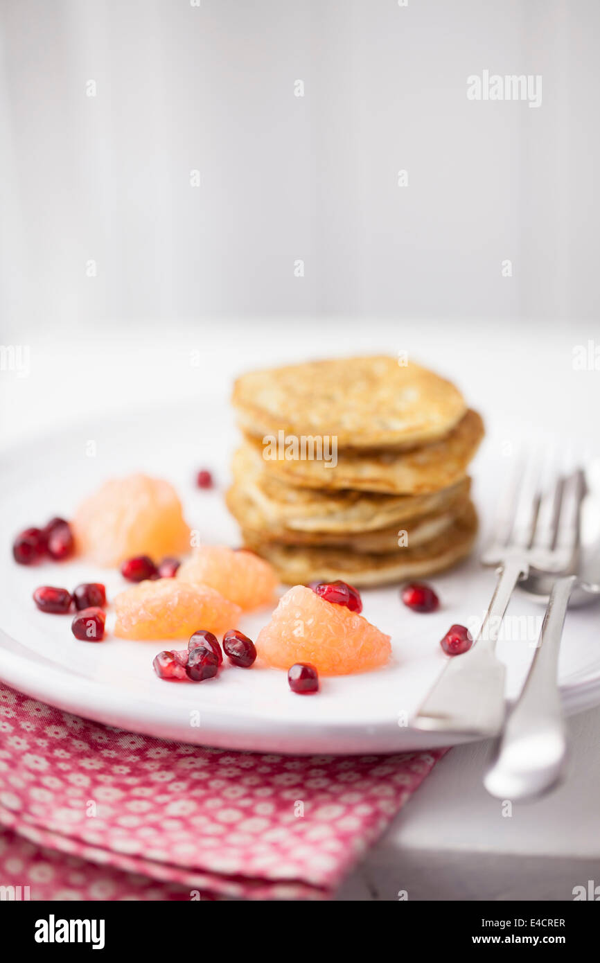 American Style Pancakes with Fruit Stock Photo