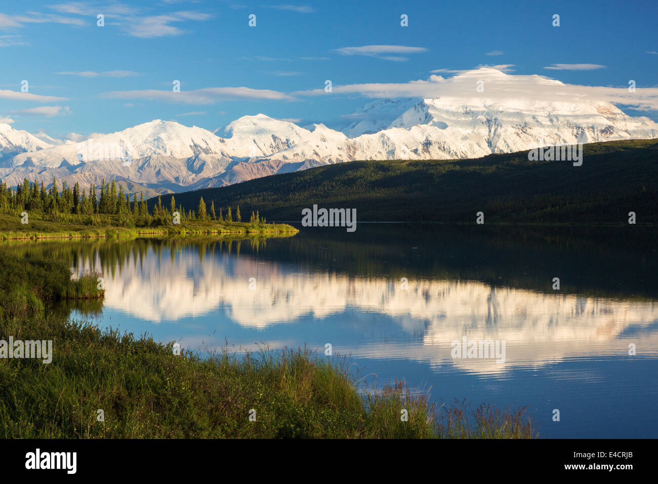 Mt. McKinley, also known as Denali, from Wonder Lake, Denali National Park, Alaska.  Stock Photo