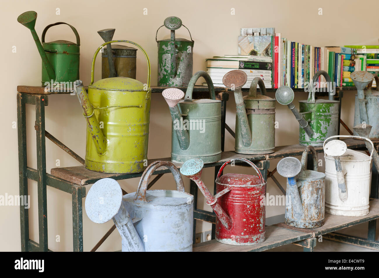 Rusty vintage watering cans on old step shelf Stock Photo