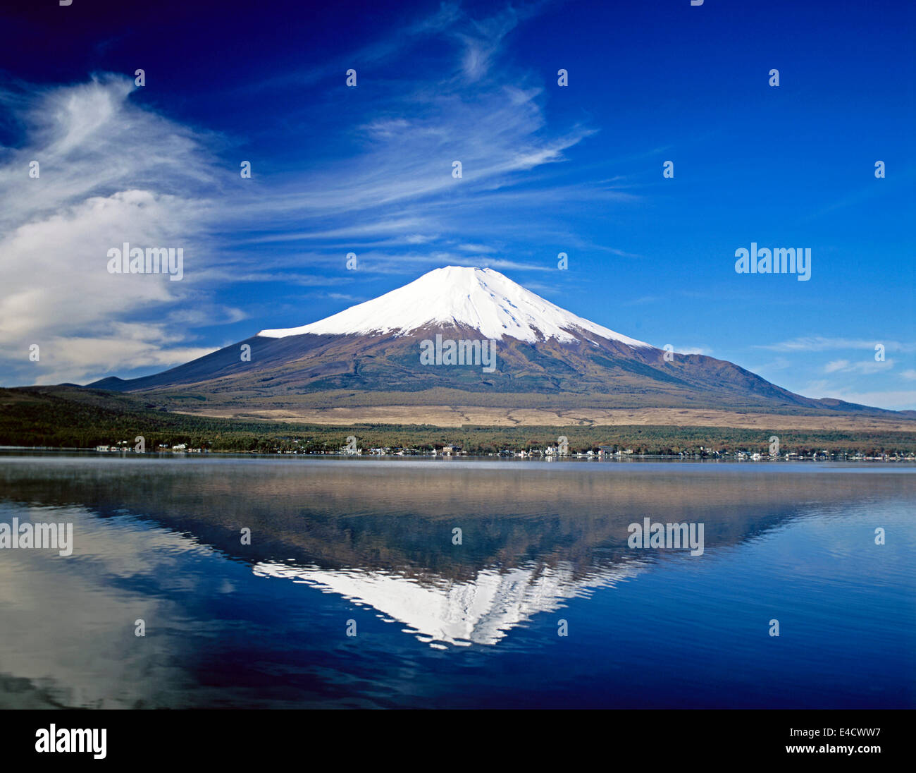 Mount Fuji reflected on Lake Yamanaka, Honshu, Japan Stock Photo