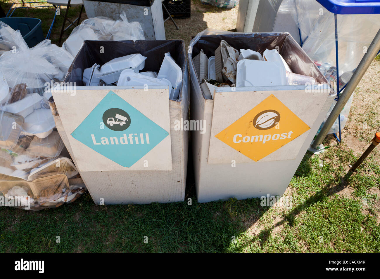Landfill and compost refuse boxes at an outdoor event USA Stock Photo