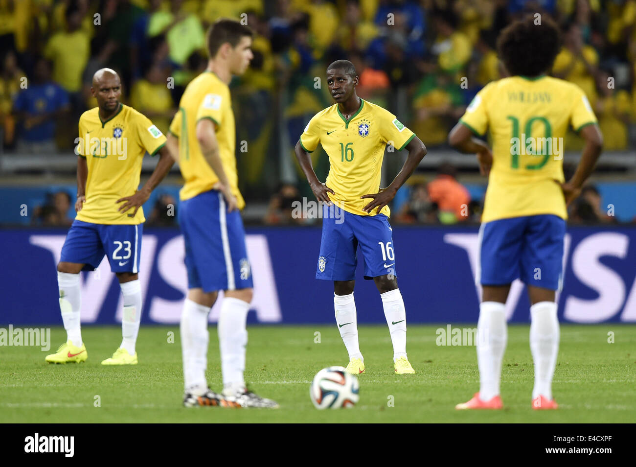 Belo Horizonte, Brazil. 8th July, 2014. Brazil's Maicon, Oscar, Ramires and Willian (from L to R) are seen during a semifinal match between Brazil and Germany of 2014 FIFA World Cup at the Estadio Mineirao Stadium in Belo Horizonte, Brazil, on July 8, 2014. Germany won 7-1 over Brazil and qualified for the final on Tuesday. Credit:  Qi Heng/Xinhua/Alamy Live News Stock Photo