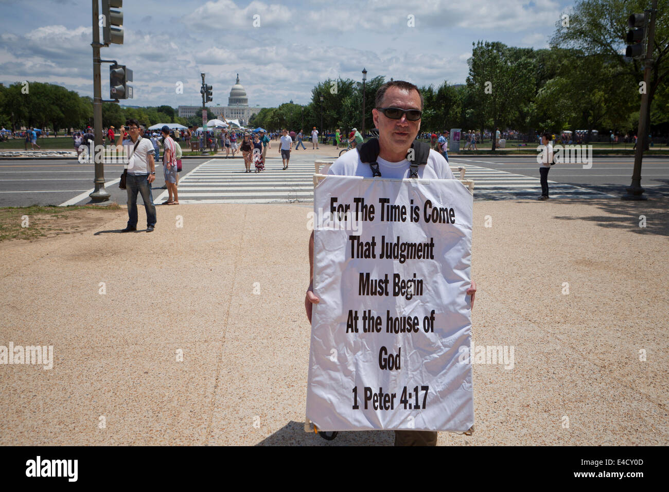 Street evangelist wearing Christian message sign - Washington, DC USA Stock Photo