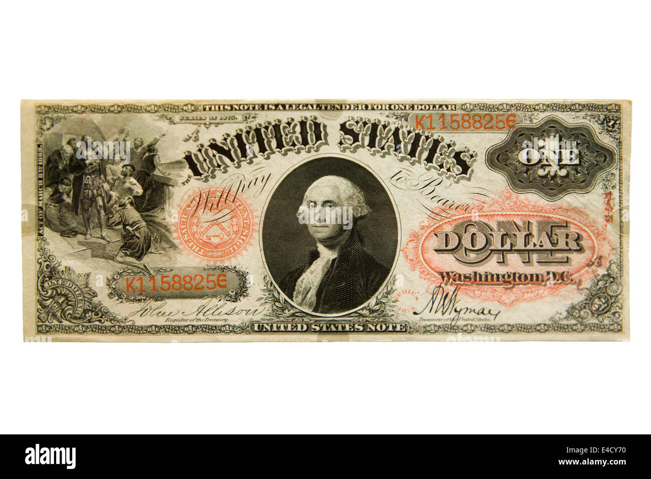 Obverse view of rare 1875 $1 bill cutout Stock Photo