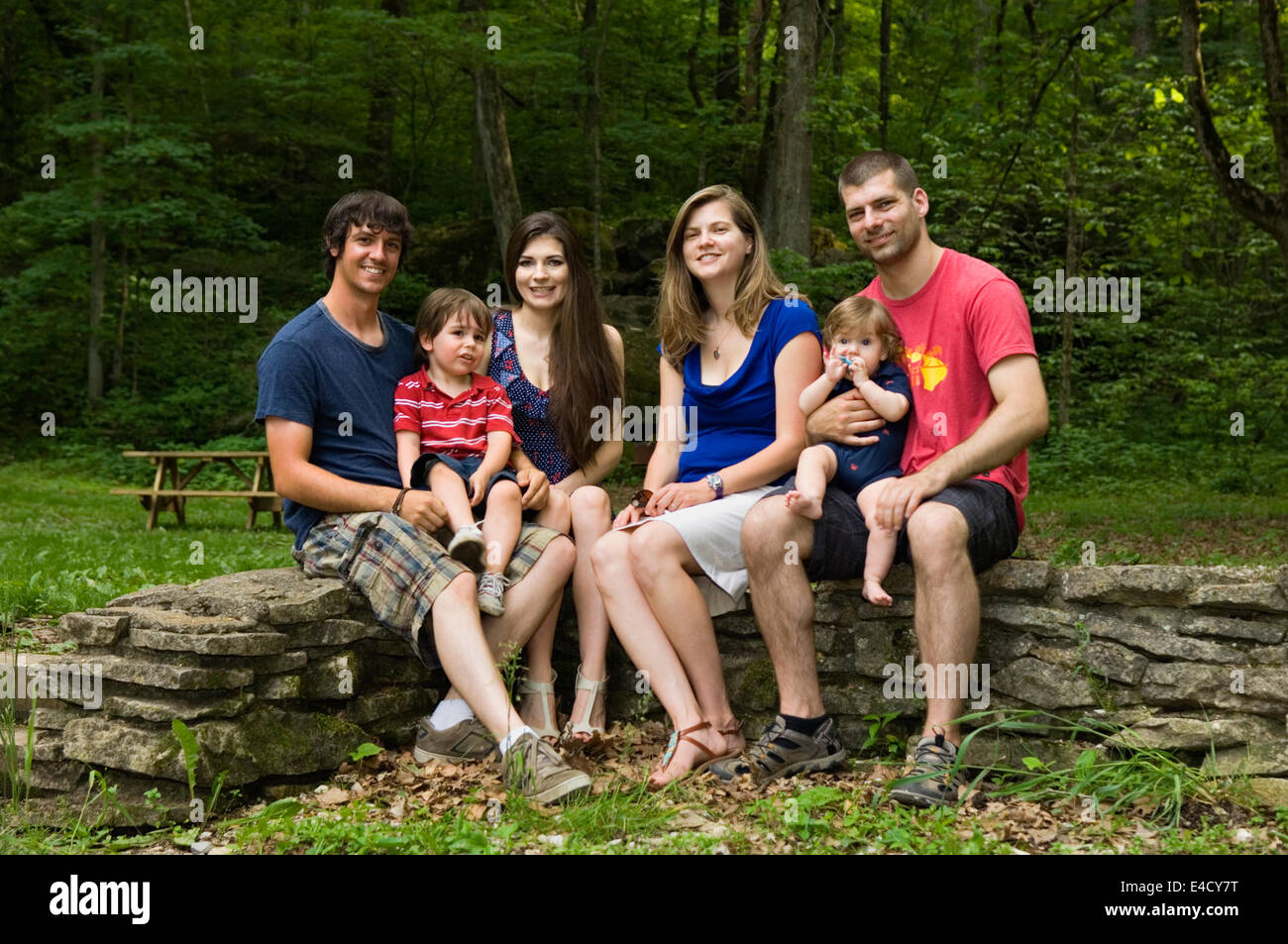 Brother Sister and their Families at Spring Mill State Park in Indiana Stock Photo