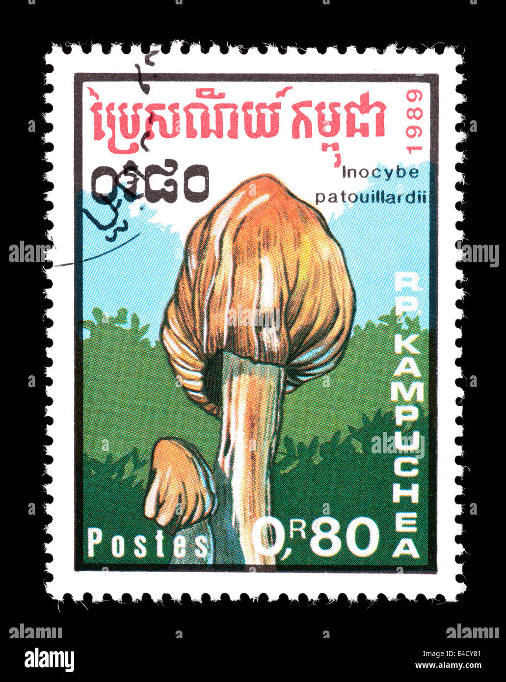 Postage stamp from Kampuchea (Cambodia) depicting deadly fibercap mushrooms (Inocybe erubescens) Stock Photo