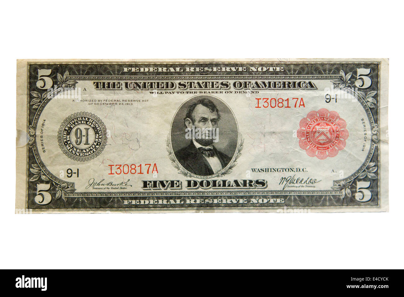 Obverse view of rare 1914 $5 bill cutout Stock Photo