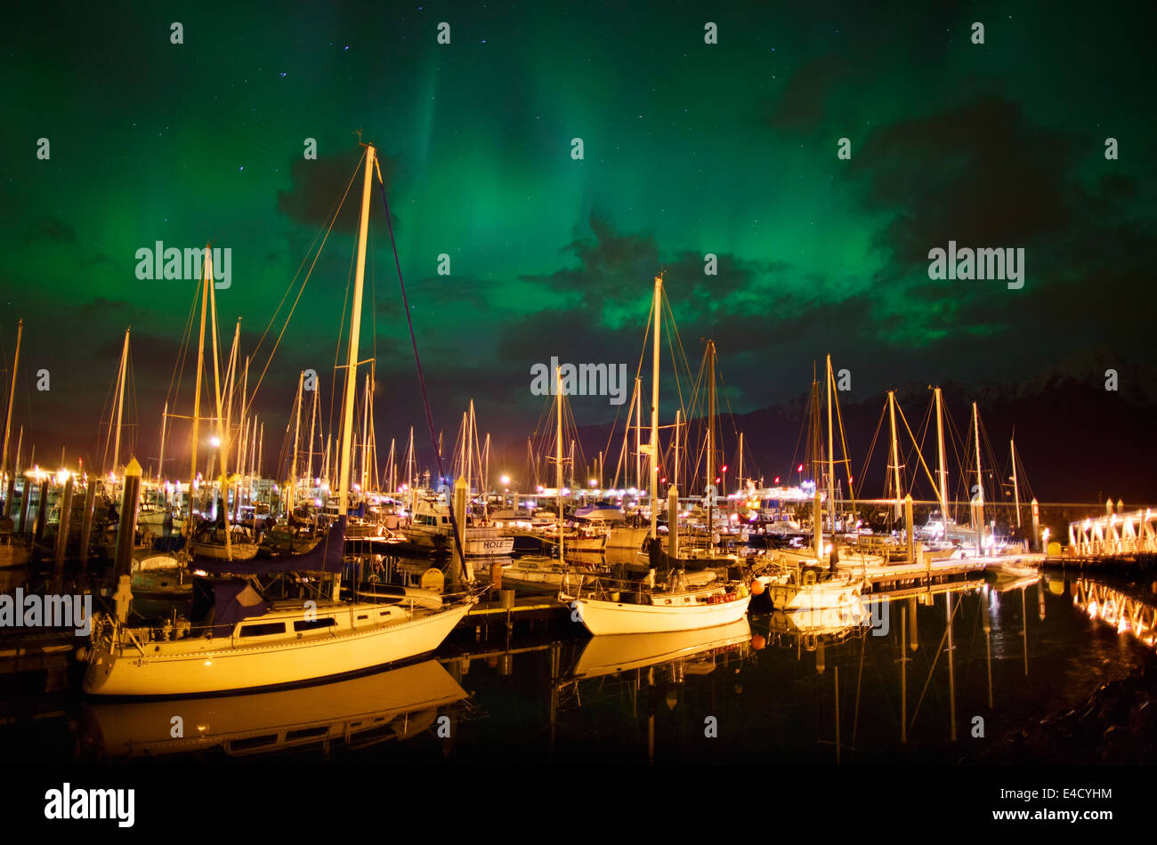 Aurora borealis over Seward Boat Harbor, Resurrection Bay, Seward