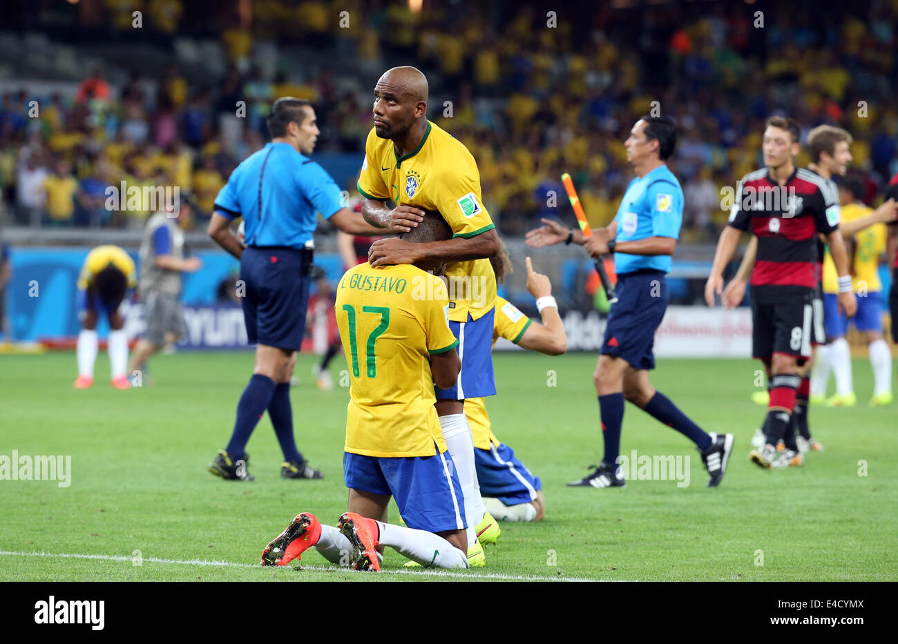 Estadio Mineirao, Belo Horizonte, Brazil. 08th July, 2014. FIFA World Cup 2014 semi-final soccer match between Brazil and Germany at Estadio Mineirao. Maicon comforts Gustavo at end of the match Credit:  Action Plus Sports/Alamy Live News Stock Photo