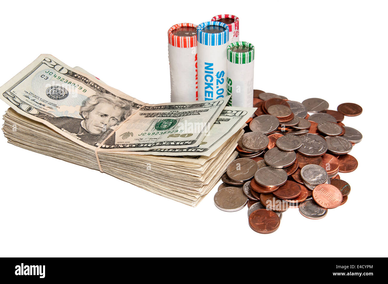 American currency with stacks of bills and rolls of coins standing next