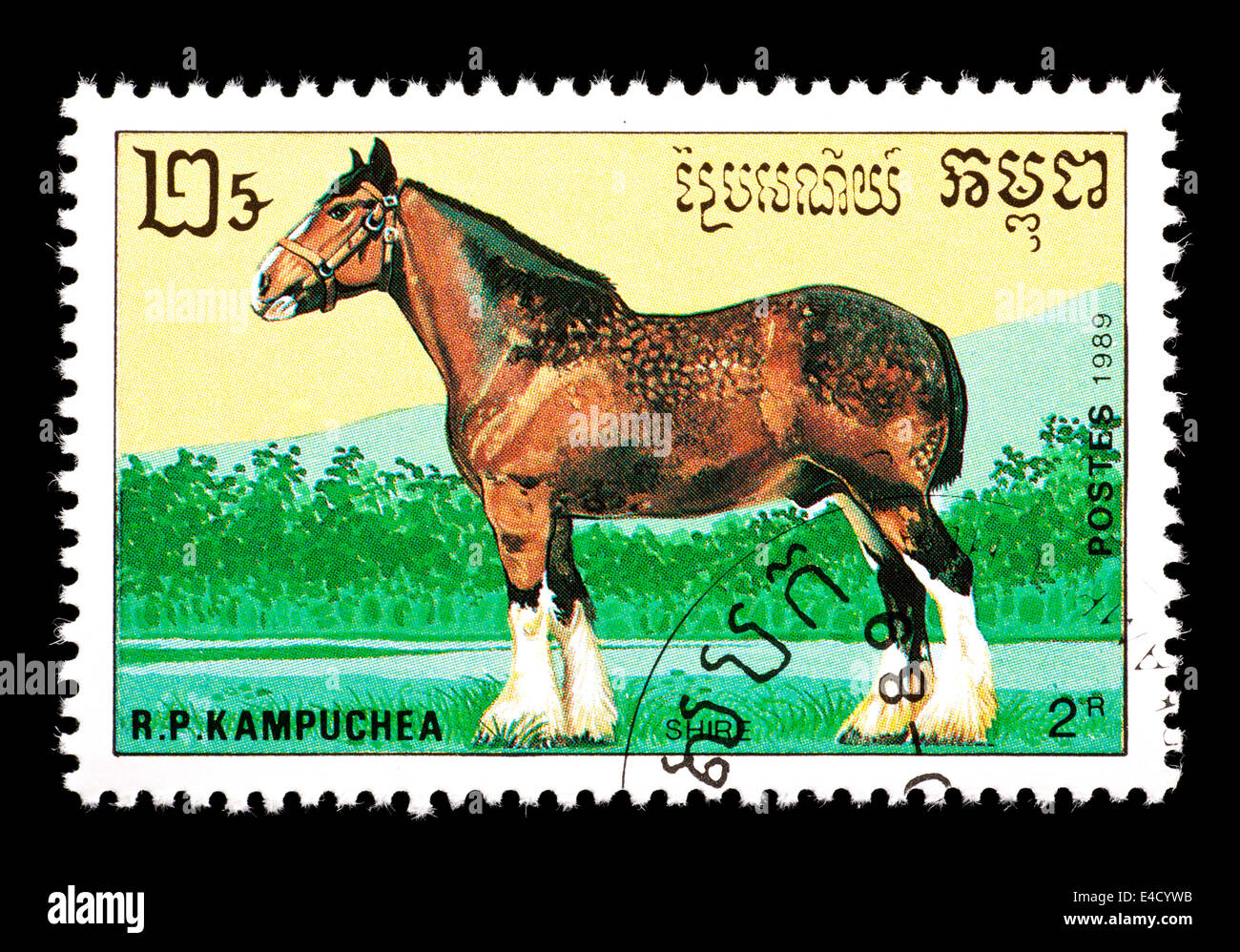 Postage stamp from Cambodia (Kampuchea) depicting a Shire draft horse. Stock Photo