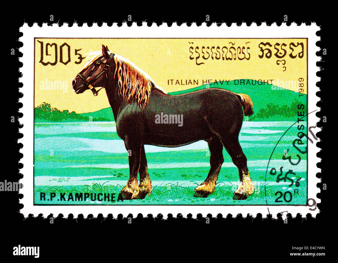 Postage stamp from Cambodia (Kampuchea) depicting a Italian heavy draft horse. Stock Photo
