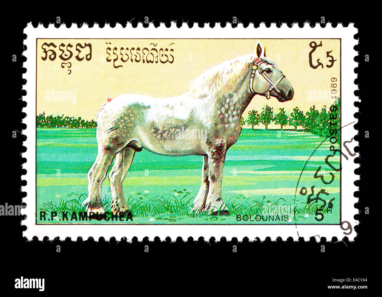 Postage stamp from Cambodia (Kampuchea) depicting a Bolounais draft horse. Stock Photo