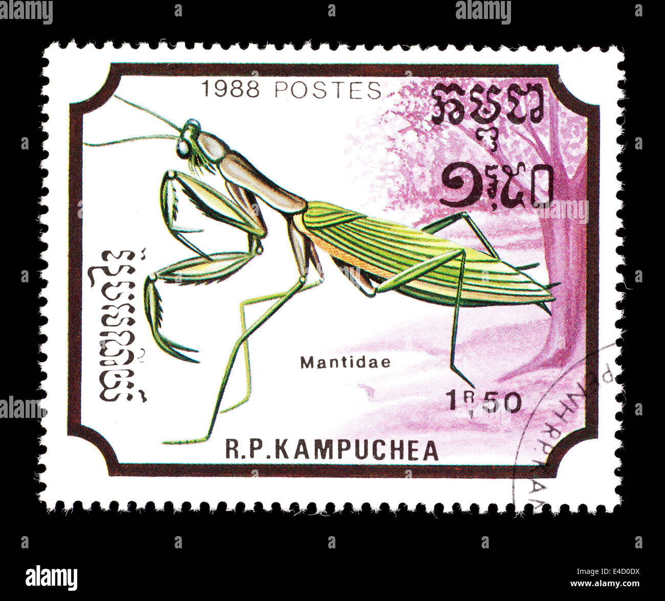 Postage stamp from Cambodia depicting a praying mantis. Stock Photo