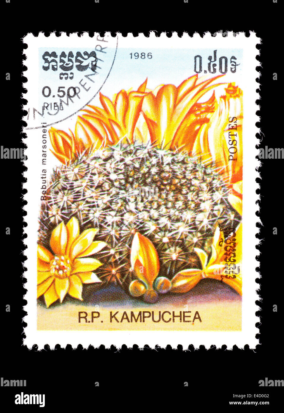 Postage stamp from Kampuchea (Cambodia) depicting a crown cactus in bloom (Rebutia marsoneri) Stock Photo