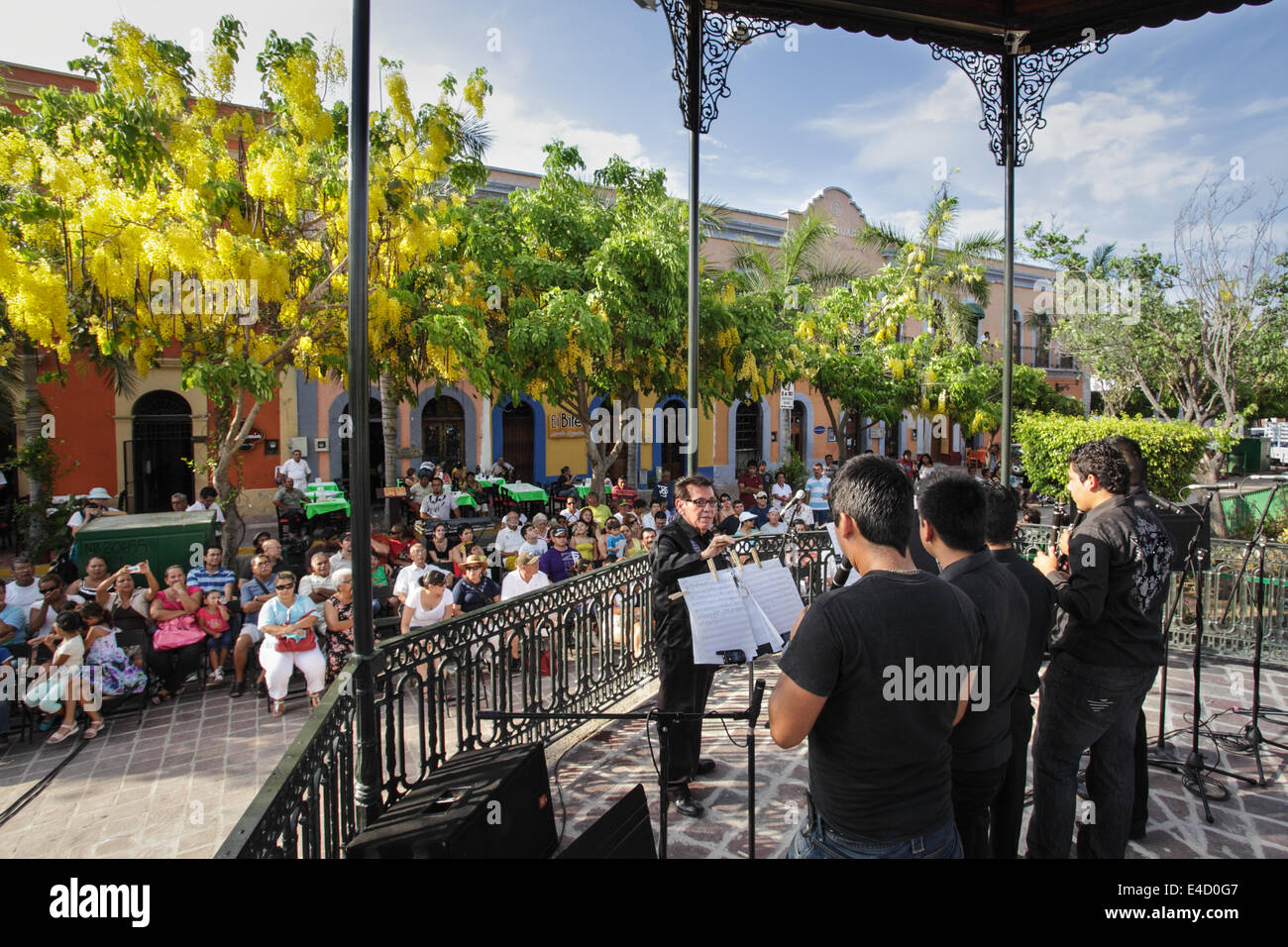 An afternoon concert in the gazebo of the Plaza Machado in Old Mazatlan, Sinaloa, Mexico. Stock Photo