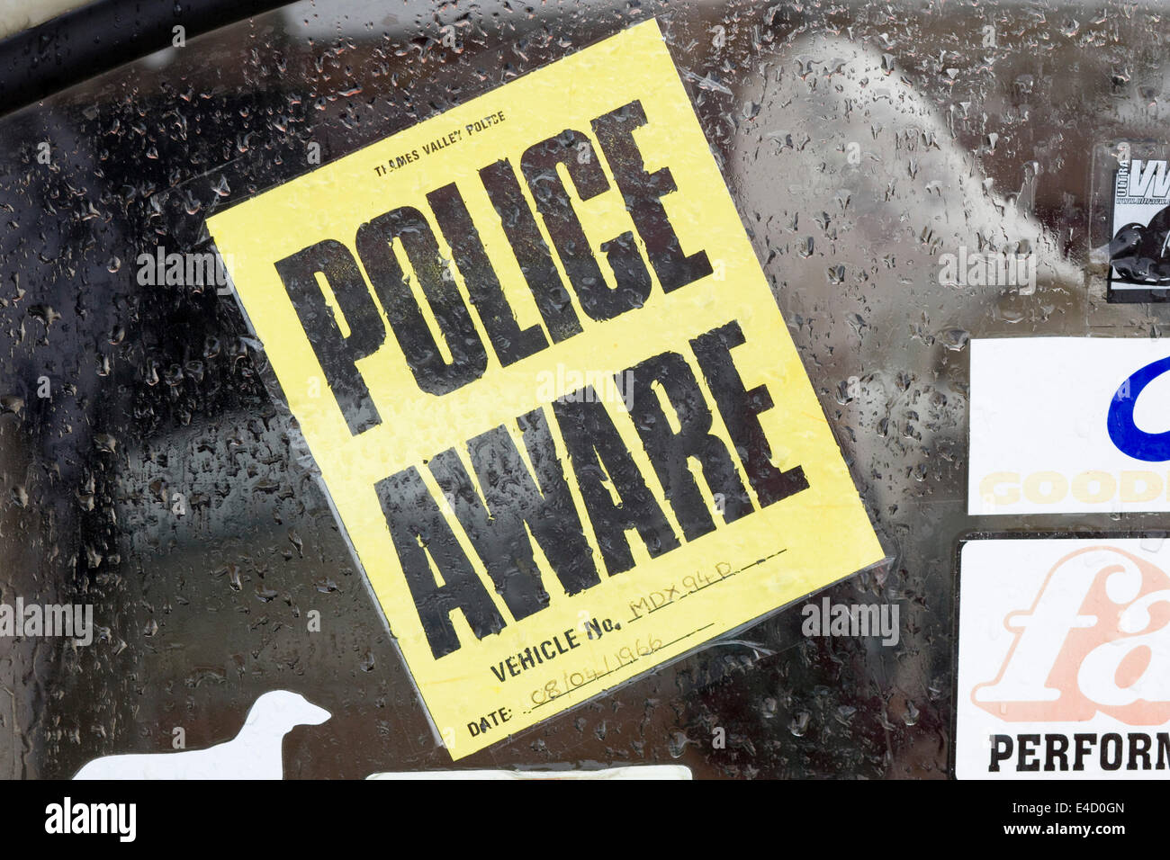 Police aware Sticker on car window Stock Photo