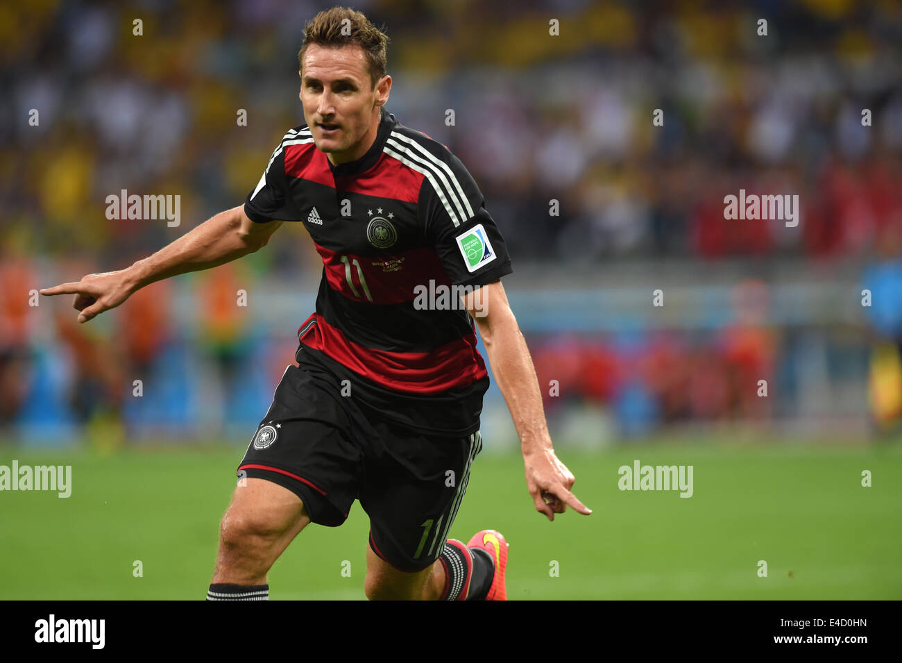 Belo Horizonte, Brazil. 8th July, 2014. Miroslav Klose (GER) Football/Soccer : Miroslav Klose of Germany celebrates after scoring his team's second goal during the FIFA World Cup 2014 semi-finals match between Brazil 1-7 Germany at Mineirao stadium in Belo Horizonte, Brazil . Credit:  FAR EAST PRESS/AFLO/Alamy Live News Stock Photo