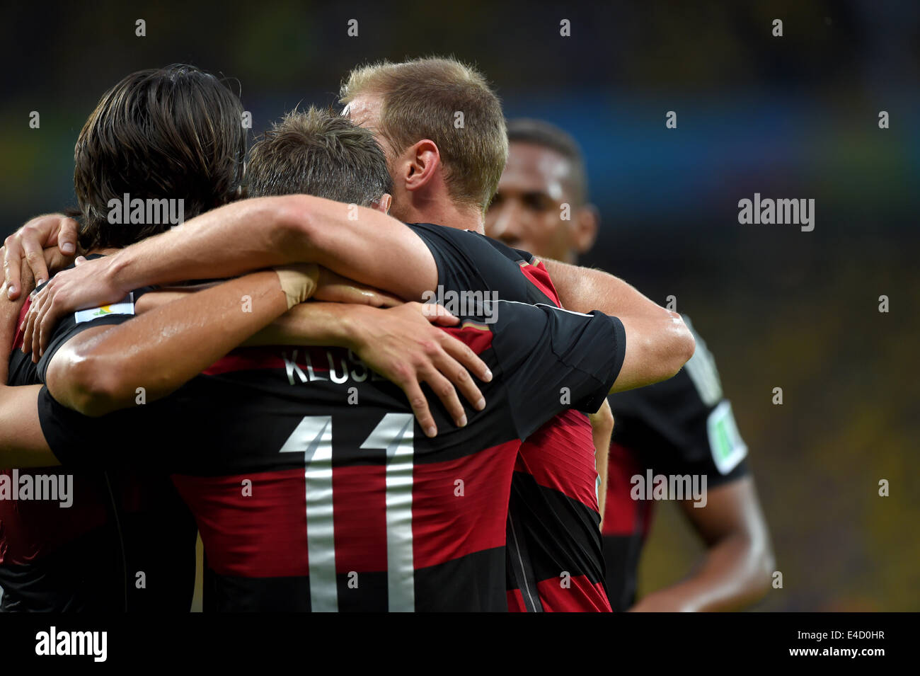 Belo Horizonte, Brazil. 8th July, 2014. Miroslav Klose (GER) Football/Soccer : Miroslav Klose (11) of Germany celebrates with his teammates after Klose scoring his team's second goal during the FIFA World Cup 2014 semi-finals match between Brazil 1-7 Germany at Mineirao stadium in Belo Horizonte, Brazil . Credit:  FAR EAST PRESS/AFLO/Alamy Live News Stock Photo