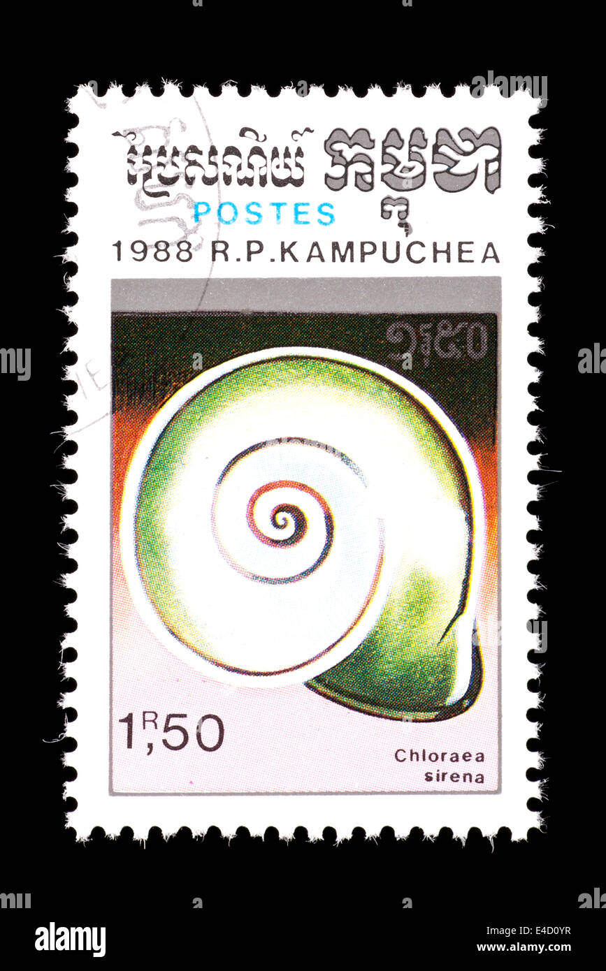 Postage stamp from Cambodia (Kampuchea) depicting the shell of a small land snail (Chloraea sirena) Stock Photo